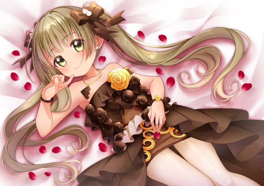 1girl 31reyo bad_id bad_pixiv_id bead_bracelet beads bed_sheet blush bracelet brown_dress brown_eyes brown_flower brown_ribbon brown_rose closed_mouth collarbone dress dress_flower finger_to_mouth flower frilled_dress frills hair_ribbon hand_up high-low_skirt high-waist_dress holding holding_petal idolmaster idolmaster_cinderella_girls jewelry light_brown_hair lips long_hair looking_at_viewer lying necklace on_back petals ribbon rose short_dress smile solo strapless strapless_dress twintails yellow_flower yellow_rose yokoyama_chika