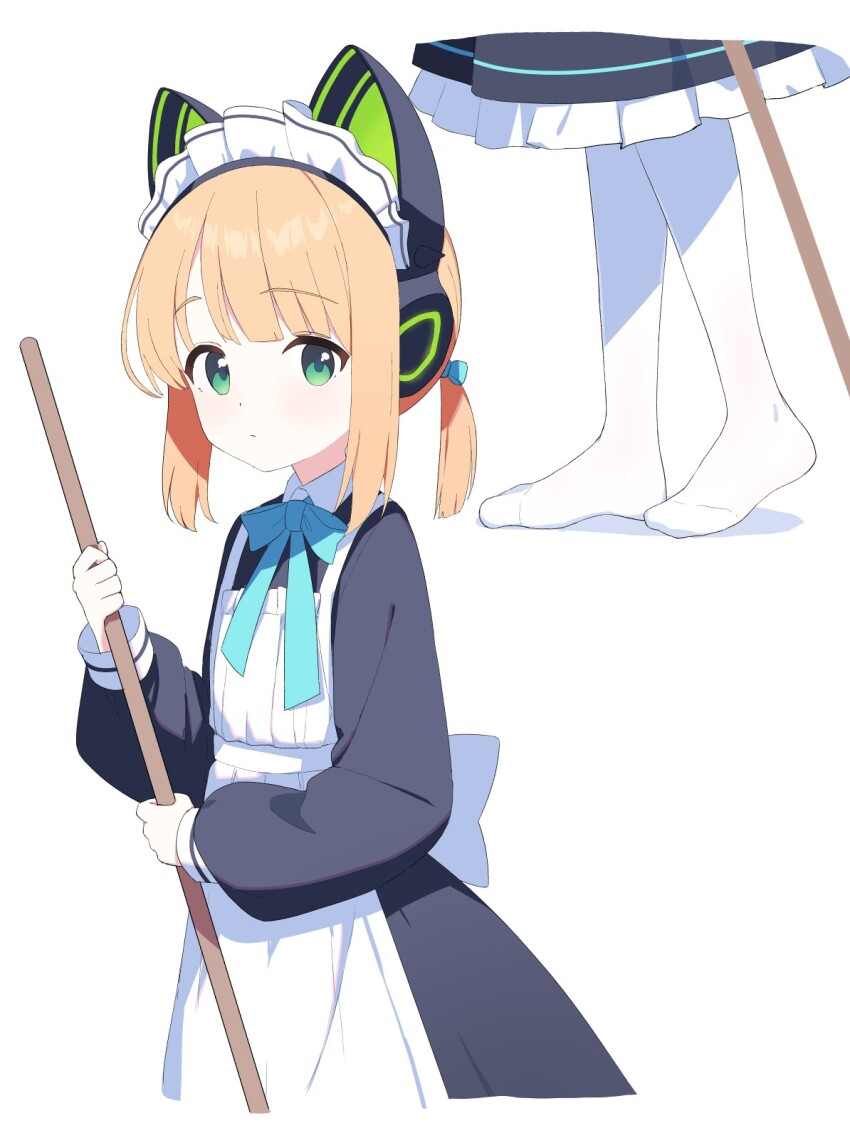 1girl animal_ear_headphones animal_ears apron black_dress blonde_hair blue_archive closed_mouth dress fake_animal_ears green_eyes headphones highres long_sleeves looking_at_viewer maid_apron midori_(blue_archive) midori_(maid)_(blue_archive) millet_pepper official_alternate_costume puffy_long_sleeves puffy_sleeves short_hair simple_background solo white_apron white_background