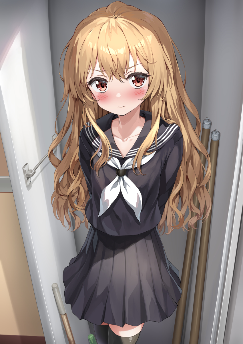 1girl absurdres aisaka_taiga black_serafuku black_thighhighs blush bow breasts brown_eyes brown_hair cleavage highres in_locker long_hair looking_at_viewer neckerchief nedia_(nedia_region) red_eyes school_uniform serafuku small_breasts solo thighhighs toradora! tsundere white_neckerchief zettai_ryouiki