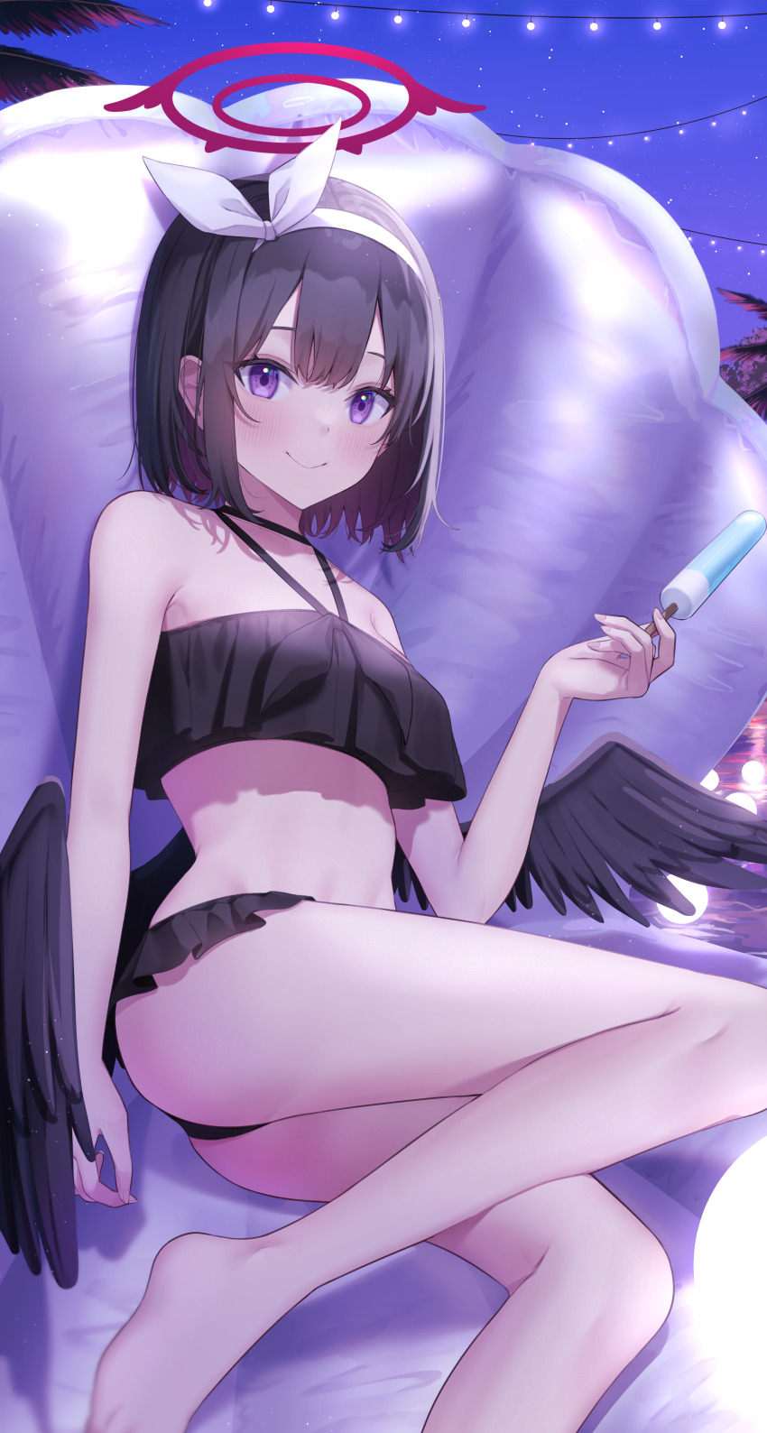 1girl absurdres bare_arms bare_legs bare_shoulders barefoot bikini black_bikini black_hair black_wings blue_archive breasts closed_mouth collarbone feathered_wings food hair_ribbon hairband halo highres holding holding_food looking_at_viewer lying mashiro_(blue_archive) mashiro_(swimsuit)_(blue_archive) medium_breasts night on_side outdoors popsicle purple_eyes ribbon seashell shell short_hair smile solo swimsuit white_hairband white_ribbon winged_halo wings yuteke_key