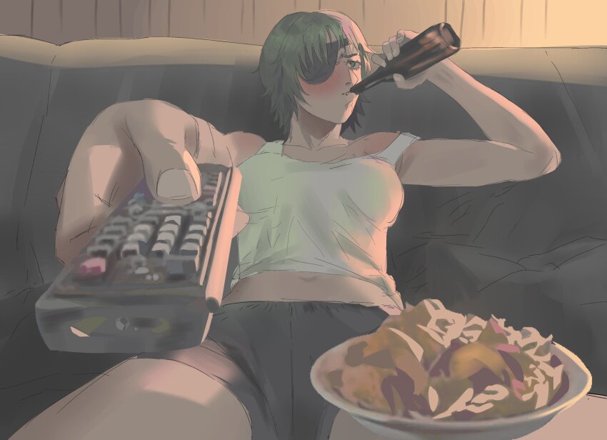 alcohol beer beer_bottle blush chainsaw_man controller drink drinking food highres himeno_(chainsaw_man) katzzz looking_to_the_side man_watching_tv_(meme) meme navel pointing pointing_at_viewer remote_control short_hair short_shorts shorts sitting spread_legs tagme tank_top