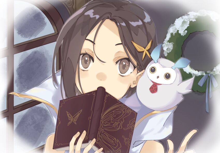 1girl animal bird black_hair book brown_eyes covered_mouth fururu_(tales) hair_between_eyes hair_ornament highres holding holding_book open_book owl rinwell_(tales) short_hair tales_of_(series) tales_of_arise upper_body virno window