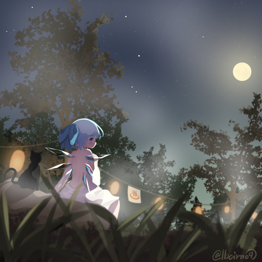 1girl artist_name black_cat blue_bow blue_eyes blue_hair blurry bow cat cirno depth_of_field dutch_angle from_behind full_moon hair_bow highres ice ice_wings lantern lbcirno9 moon night night_sky onsen outdoors profile scenery sky solo star_(sky) topless touhou tree wings