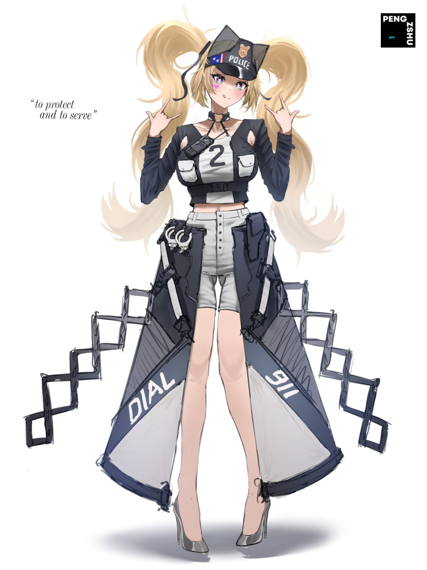 1girl :q \m/ alternate_costume azur_lane black_choker black_shirt blonde_hair breast_pocket breasts choker double_\m/ english_text full_body grey_footwear grey_shorts guam_(azur_lane) hat high_heels highres large_breasts long_hair long_sleeves midriff_peek number_print peaked_cap pengzshu pocket shirt shoes shorts simple_background solo star-shaped_pupils star_(symbol) symbol-shaped_pupils tongue tongue_out twintails two-tone_shirt very_long_hair walkie-talkie white_background