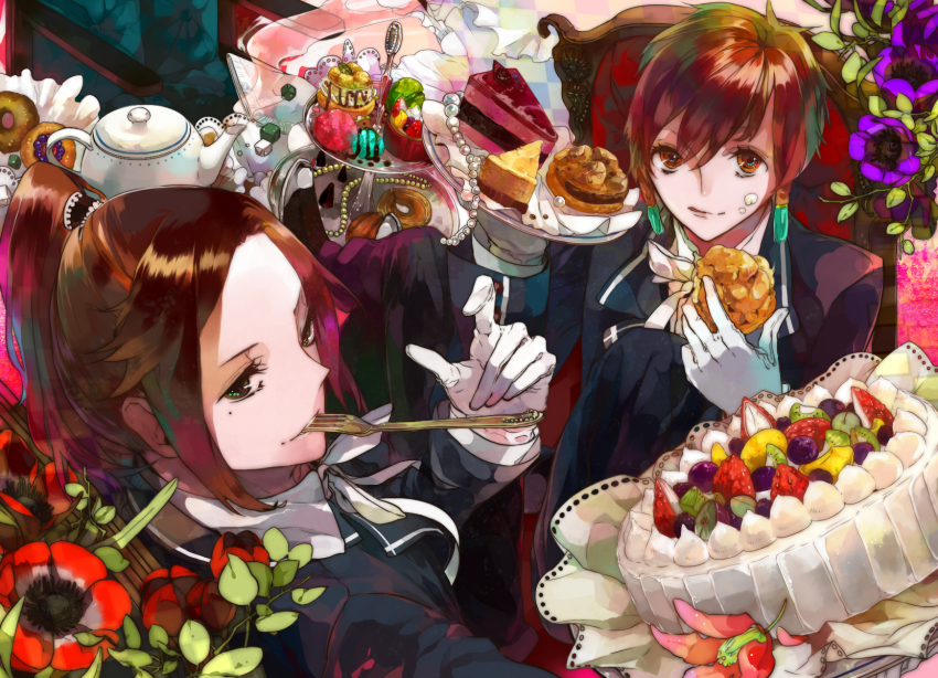 2boys alternate_costume bad_id bad_pixiv_id braid brown_eyes brown_hair cake candy eating flower food fork formal_clothes gloves highres ling_tong lu_xun male_focus mole multiple_boys plate ponytail saka-ki shin_sangoku_musou teapot twin_braids