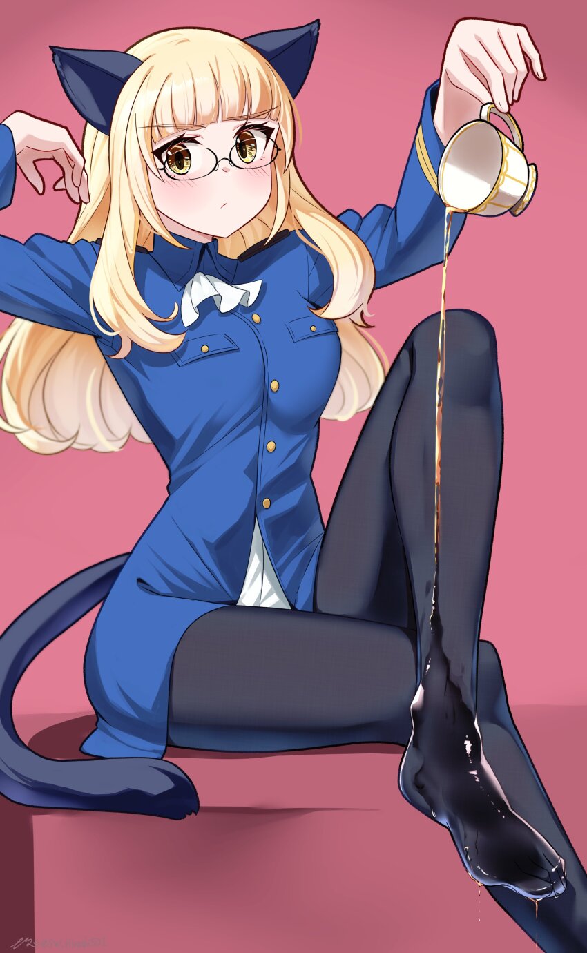 1girl absurdres animal_ears black_pantyhose blonde_hair blush breasts cat_ears cat_tail closed_mouth cup glasses highres hiroshi_(hunter-of-kct) long_hair looking_at_viewer military_uniform neckerchief pantyhose perrine_h._clostermann pink_background simple_background small_breasts solo strike_witches tail tea teacup white_neckerchief world_witches_series yellow_eyes