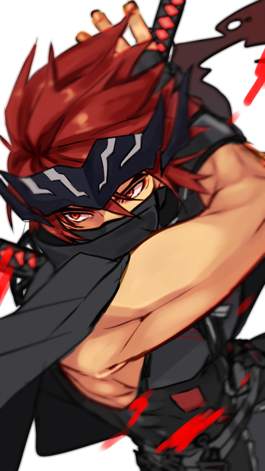 1boy absurdres black_scarf black_shirt country_takeuchi covered_mouth duel_monster highres katana male_focus meizen_the_battle_ninja muscular muscular_male red_eyes red_hair scarf shirt sleeveless sleeveless_shirt solo sword weapon white_background yu-gi-oh!