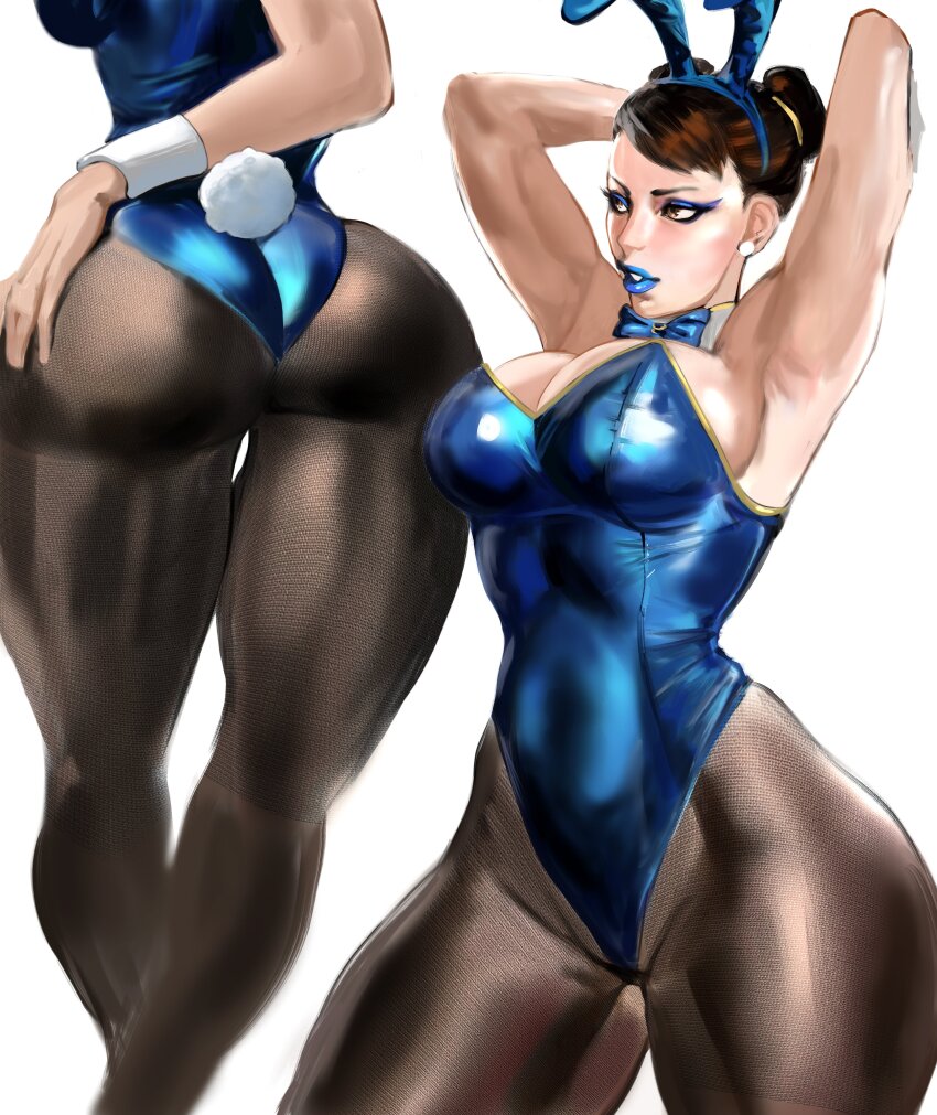 1girl arms_up ass blue_lips bow bowtie breasts brown_eyes brown_hair capcom chun-li cleavage ear_piercing leotard mashingvaquita pantyhose piercing playboy_bunny rabbit_ears street_fighter wristband