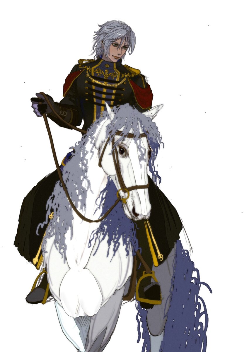 1boy aiguillette aristocratic_clothes black_coat black_eyes black_gloves black_jacket bridle coat commentary curly_hair final_fantasy final_fantasy_vii final_fantasy_vii_ever_crisis floral_print full_body gloves grey_hair hair_between_eyes hand_up highres holding holding_reins horse horseback_riding jacket light_smile long_sleeves looking_to_the_side male_focus military_coat military_uniform mm8416852736065 official_alternate_costume parted_bangs reins riding sephiroth sephiroth_(shinra_formal_uniform) sephiroth_(ever_crisis) short_hair shoulder_boards simple_background stirrups_(riding) white_background white_fur