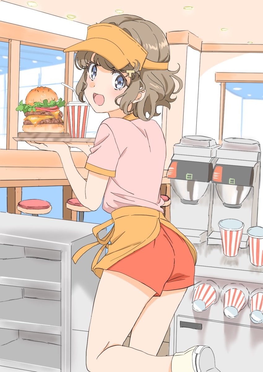 1girl :d bar_stool blue_eyes brown_hair burger commentary_request cup disposable_cup drinking_straw employee_uniform food hair_ornament highres koga_tomoe letter_hair_ornament looking_at_viewer looking_back open_mouth pink_shirt red_shorts restaurant seishun_buta_yarou shirt short_hair short_shorts short_sleeves shorts smile solo stool tamura_satomi tray visor_cap