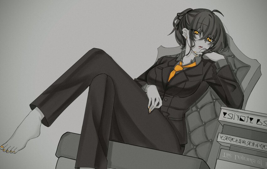 1girl ahoge black_pants black_suit breasts closed_mouth collared_shirt crossed_legs eyes_visible_through_hair fate/grand_order fate_(series) formal fujimaru_ritsuka_(female) fujimaru_ritsuka_(female)_(royal_brand) grey_shirt greyscale hair_between_eyes hair_tie hand_on_own_face highres large_breasts lipstick looking_at_viewer makeup monochrome nail_polish necktie orange_necktie pants shirt short_hair sidelocks simple_background sitting solo solo_focus spot_color suit yutingfgo