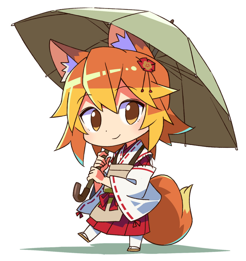 animal_ear_fluff animal_ears apron blonde_hair brown_apron chibi commentary_request flower fox_ears fox_girl fox_tail full_body green_umbrella hair_between_eyes hair_flower hair_ornament hakama hakama_skirt highres holding holding_umbrella japanese_clothes kimono light_blush long_sleeves medium_hair miko orange_hair red_flower red_hakama red_ribbon ribbon ribbon-trimmed_sleeves ribbon_trim roku_no_hito sandals sash senko_(sewayaki_kitsune_no_senko-san) sewayaki_kitsune_no_senko-san simple_background skirt smile socks tail umbrella white_background white_kimono white_socks wide_sleeves yellow_eyes