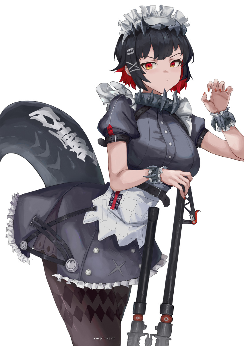 1girl absurdres arched_back black_dress black_hair black_pantyhose breasts claw_pose collar cowboy_shot dress ellen_joe fins fish_tail highres large_breasts leaning_forward maid_headdress pantyhose plum_(sousshiroll) red_eyes red_hair shark_girl shark_tail solo spiked_collar spikes tail white_background zenless_zone_zero