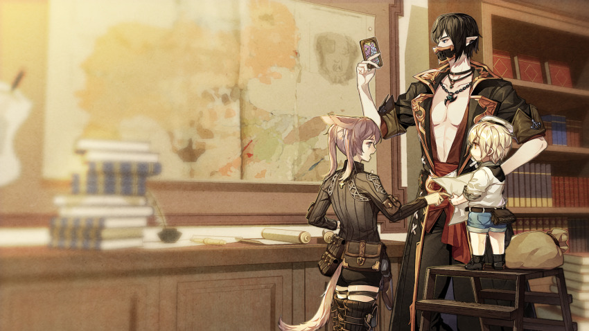 1boy 1girl 1other androgynous animal_ears warrior_of_light_(ff14) black_hair blonde_hair blue_eyes book book_stack bookshelf boots cat_ears cat_girl cat_tail cika_k closed_mouth coat commentary covered_mouth elezen elf extra_ears fictional_persona final_fantasy final_fantasy_xiv hand_up hat height_difference highres holding indoors jewelry ladder lalafell long_sleeves looking_at_another looking_at_object map mask medium_hair miqo&#039;te mouth_mask open_mouth orange_eyes pants pectorals pendant pointy_ears pouch purple_eyes purple_hair shirt shoes short_hair short_sleeves shorts sidelocks socks standing stepladder stomach symbol-only_commentary tail thigh_boots thigh_strap thighhighs toned toned_male twintails