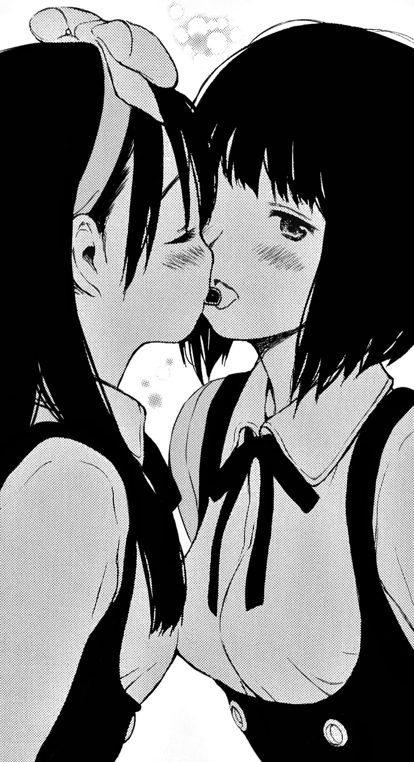 2girls black_hair blush bow breasts closed_eyes commentary copyright_request couple greyscale hairband highres imminent_kiss long_hair medium_hair monochrome mouth_hold multiple_girls profile school_uniform sharing_food small_breasts symbol-only_commentary tongue tongue_out upper_body white_background yug_(ekaki) yuri