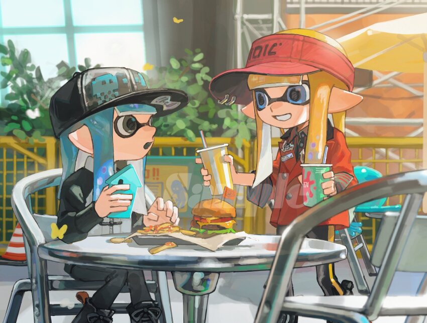 2girls baseball_cap black_eyes black_hat black_leggings black_shirt black_shoes black_sleeves blonde_hair blue_eyes blue_hair blunt_bangs burger collared_shirt cup disposable_cup dress_shirt drinking_straw food french_fries grin hat highres holding holding_cup holding_phone inkling inkling_girl inkling_player_character jacket jellyfish_(splatoon) leggings long_hair long_sleeves looking_at_another miko_(15476997) multiple_girls nintendo on_chair open_mouth outdoors phone pointy_ears red_hat red_jacket sample_watermark shirt shoes sitting smile splatoon_(series) striped_clothes striped_shirt table tentacle_hair visor_cap watermark white_jacket