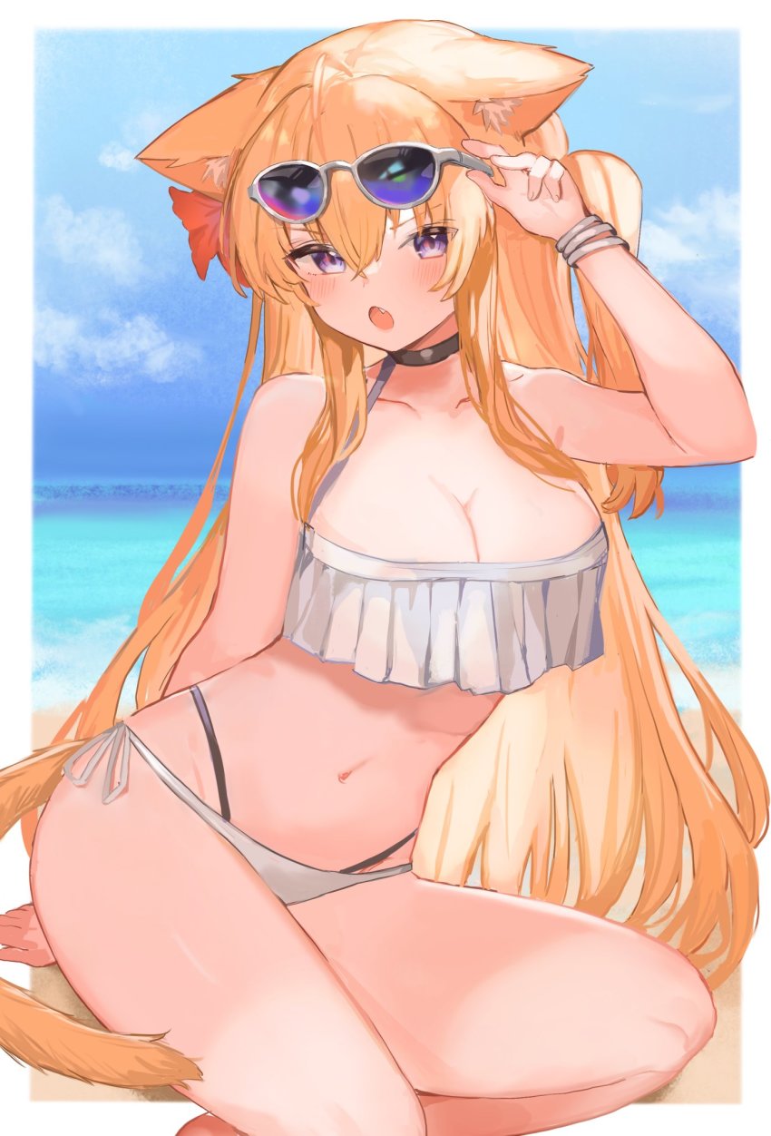 1girl :o adjusting_eyewear animal_ear_fluff animal_ears arm_up bandeau bare_arms bare_shoulders beach bikini black_choker blonde_hair blue_sky blush border breasts choker cleavage collarbone commentary day eyewear_on_head fang flower hair_between_eyes hair_flower hair_ornament halterneck highleg highleg_bikini highres large_breasts long_hair looking_at_viewer multi-strapped_bikini navel one_side_up open_mouth original outdoors outside_border purple_eyes red_flower side-tie_bikini_bottom sitting sky solo sorotu stomach sunglasses sunglasses_on_head swimsuit symbol-only_commentary tail very_long_hair white_bikini wristband