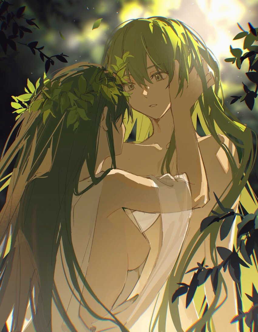 1girl 1other androgynous back branch breasts enkidu_(fate) fate/grand_order fate/strange_fake fate_(series) from_behind green_hair grey_eyes hair_between_eyes hair_ornament hand_in_another&#039;s_hair hand_on_another&#039;s_face highres leaf leaf_hair_ornament long_hair looking_at_another parted_lips robe shamhat_(fate) sideboob sunlight topless white_robe yanfenguo_gao