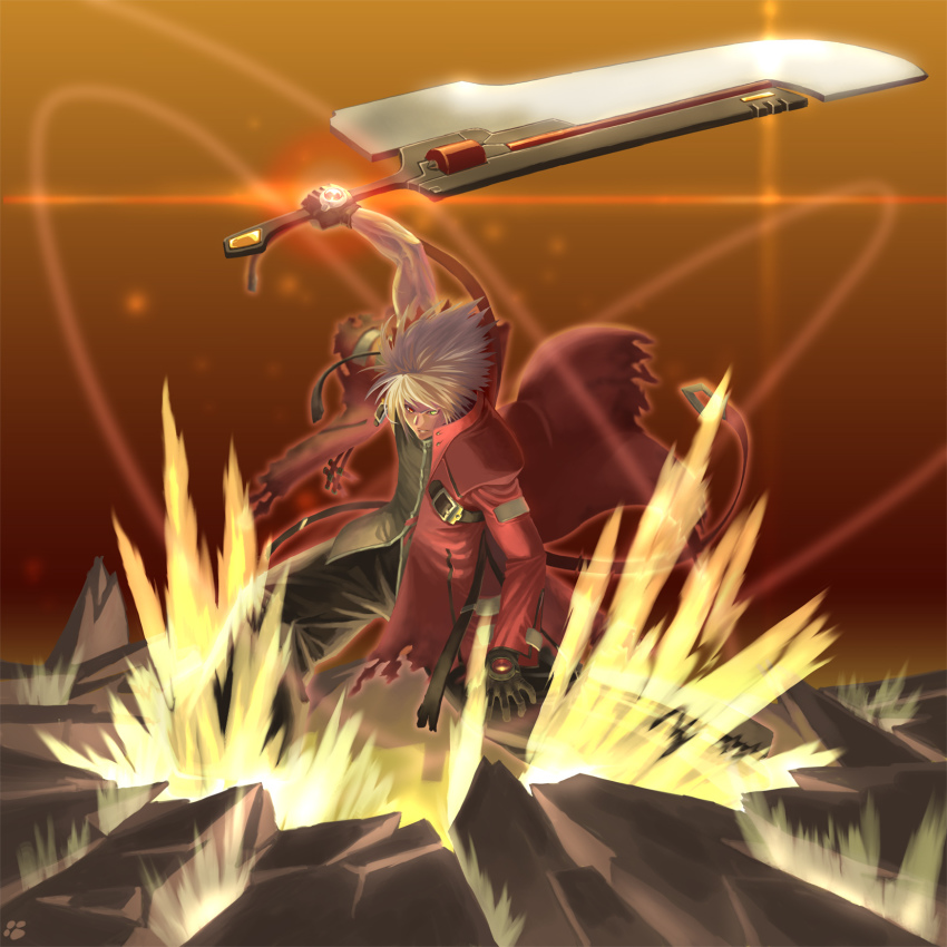 1boy arc_system_works black_pants blazblue gloves heterochromia highres huge_weapon male_focus nyath pants ragna_the_bloodedge silver_hair solo sword torn_clothes weapon