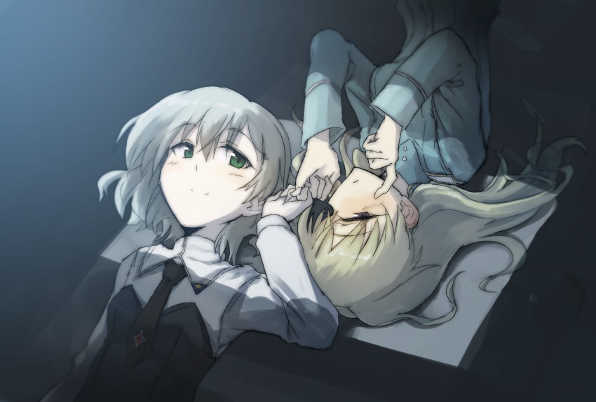 2girls blonde_hair breasts couple eila_ilmatar_juutilainen gradient_background green_eyes grey_hair highres lying makaze_(t-junction) multiple_girls necktie on_back pinky_swear purple_eyes sanya_v._litvyak smile strike_witches upside-down world_witches_series yuri