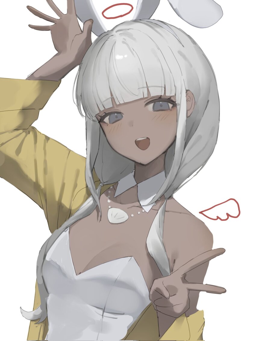 1girl :d animal_ears blunt_bangs blush breasts cleavage danganronpa_(series) danganronpa_v3:_killing_harmony detached_collar fake_animal_ears grey_hair halo hand_up highres jacket leotard long_hair medium_breasts nohin_(snu_0420) off_shoulder open_mouth orange_jacket purple_eyes rabbit_ears simple_background single_bare_shoulder smile solo white_background white_leotard yonaga_angie