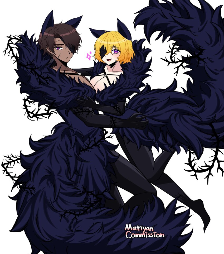 1boy 1girl absurdres animal_ears barbed_wire black_pantyhose blonde_hair breasts brown_hair chest_harness closed_mouth coat collarbone dark-skinned_male dark_skin don_quixote_(project_moon) e.g.o_(project_moon) full_body harness heathcliff_(project_moon) highres large_breasts limbus_company matiyan923 open_mouth pantyhose project_moon purple_coat purple_eyes short_hair smile tail telepole_(e.g.o) wolf_ears wolf_tail