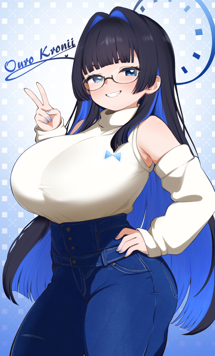 1girl absurdres ass black_hair blue_eyes blue_hair blue_halo blue_nails breasts character_name colored_inner_hair denim detached_sleeves glasses grin hair_intakes halo hand_on_own_hip hand_up high-waist_pants highres hololive hololive_english huge_breasts jeans kani_bonara long_hair looking_at_viewer multicolored_hair nail_polish official_alternate_costume official_alternate_hair_length official_alternate_hairstyle ouro_kronii ouro_kronii_(casual) pants smile solo sweater sweater_tucked_in teeth turtleneck two-tone_hair v virtual_youtuber white_sweater