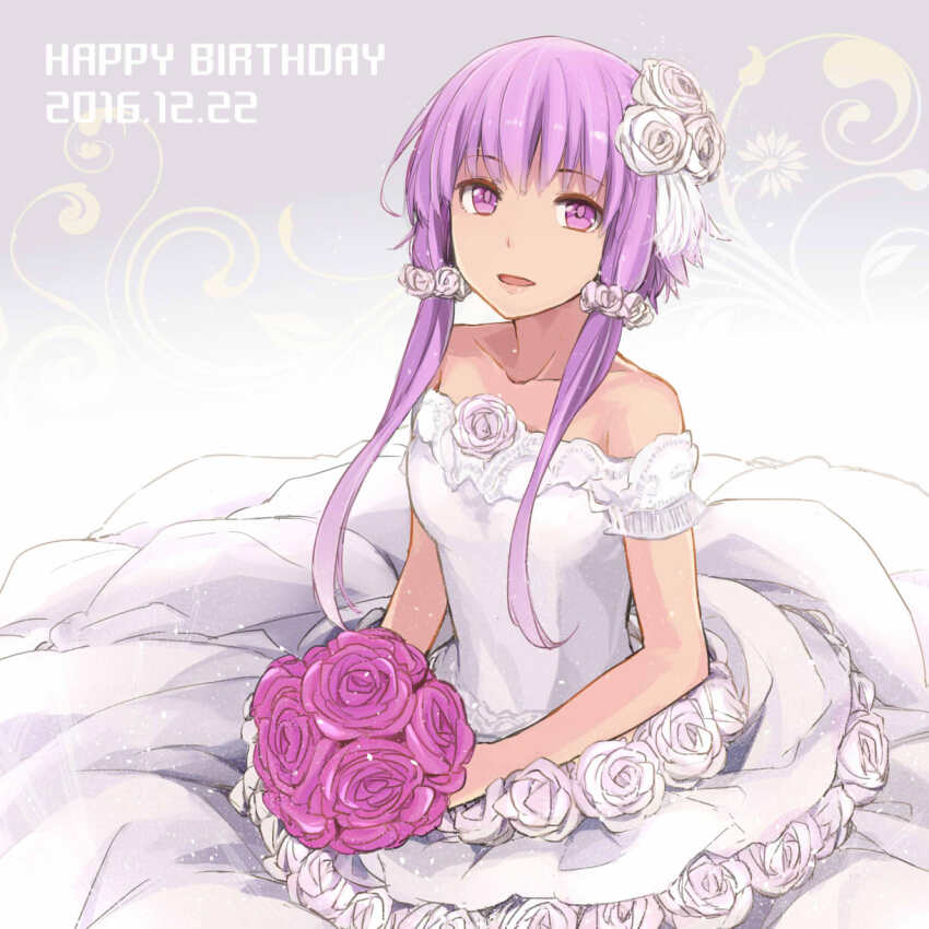 1girl bare_shoulders bouquet breasts circle_skirt collarbone commentary_request dated dress dress_flower flower grey_background hair_flower hair_ornament happy_birthday highres holding holding_bouquet looking_at_viewer off-shoulder_dress off_shoulder open_mouth patterned_background pink_flower pink_rose purple_eyes purple_hair rose short_hair_with_long_locks small_breasts smile solo toromera upper_body vocaloid voiceroid wedding_dress white_dress white_flower white_rose yuzuki_yukari