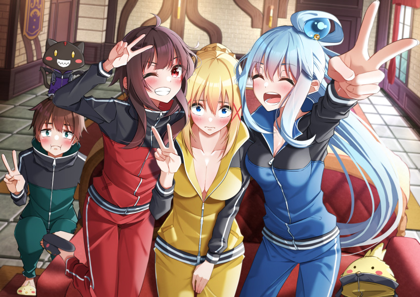 1boy 3girls :d ^_^ absurdres aqua_(konosuba) blonde_hair blue_eyes blue_hair blue_jacket blush breasts brown_hair chomusuke cleavage closed_eyes darkness_(konosuba) embarrassed facing_viewer floating_hair green_eyes green_jacket green_pants grin hair_ornament highres indoors jacket kono_subarashii_sekai_ni_shukufuku_wo! long_hair long_sleeves looking_at_viewer medium_breasts megumin multiple_girls one_eye_closed open_mouth pants partially_unzipped red_eyes red_jacket red_pants sarasara_shoyu satou_kazuma short_hair short_hair_with_long_locks smile squatting standing standing_on_one_leg torn_clothes torn_pants v very_long_hair x_hair_ornament yellow_jacket yellow_pants