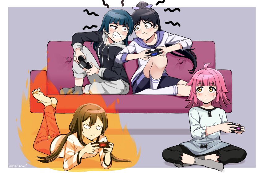 3: 4girls :&lt; :| ahoge black_hair black_hoodie black_pants black_shorts blue_hair blunt_bangs blunt_ends border clenched_teeth closed_mouth controller couch dark_blue_hair double-parted_bangs feet_up fire game_controller grey_background grey_pants grey_shirt grey_socks hair_down hazuki_ren high_ponytail highres holding holding_controller holding_game_controller hood hoodie in-franchise_crossover indian_style kishimen_hair knee_up long_hair long_sleeves love_live! love_live!_nijigasaki_high_school_idol_club love_live!_sunshine!! love_live!_superstar!! low_twintails lying medium_hair multiple_girls official_alternate_hairstyle on_couch on_stomach orange_pants outside_border pants pink_hair playing_games ponytail revision sanpaku shirt shorts shout_lines simple_background sitting ska.harumi sleeves_past_elbows socks teeth tennoji_rina the_pose tsushima_yoshiko twintails twitter_username v-shaped_eyebrows v-shaped_eyes white_border white_hoodie white_shirt white_socks yellow_eyes yuki_setsuna