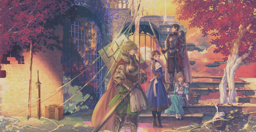 1boy 3girls aqua_dress armor black_hair blonde_hair blue_dress building cloud cloudy_sky dress green_dress highres holding holding_sword holding_weapon long_hair moryo multiple_girls original short_hair sitting sky stairs standing sword tree twilight weapon wide_shot