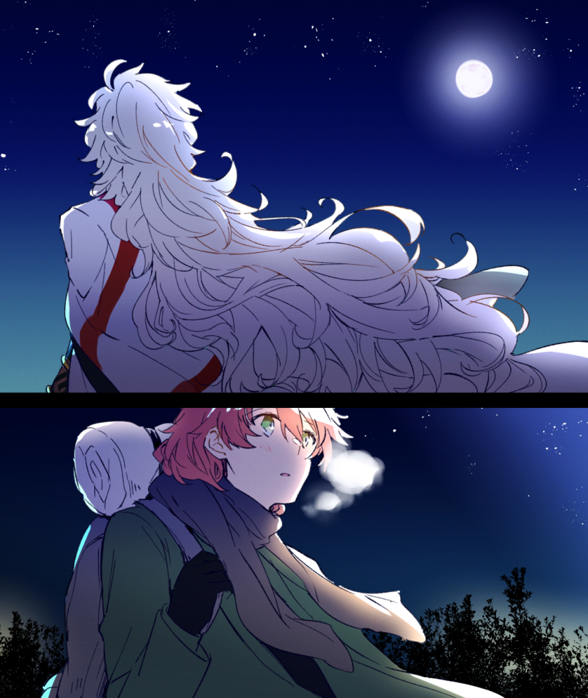 2boys backpack bag black_gloves blush breath brown_scarf coat facing_away fate/grand_order fate_(series) full_moon gloves green_coat green_eyes hair_between_eyes highres holding_strap kak_hac long_hair long_sleeves looking_ahead male_focus moon multiple_boys night night_sky official_alternate_costume official_alternate_hair_length official_alternate_hairstyle orange_hair outdoors parted_lips romani_archaman scarf short_hair sky solomon_(fate) split_screen star_(sky) starry_sky tree very_long_hair white_hair