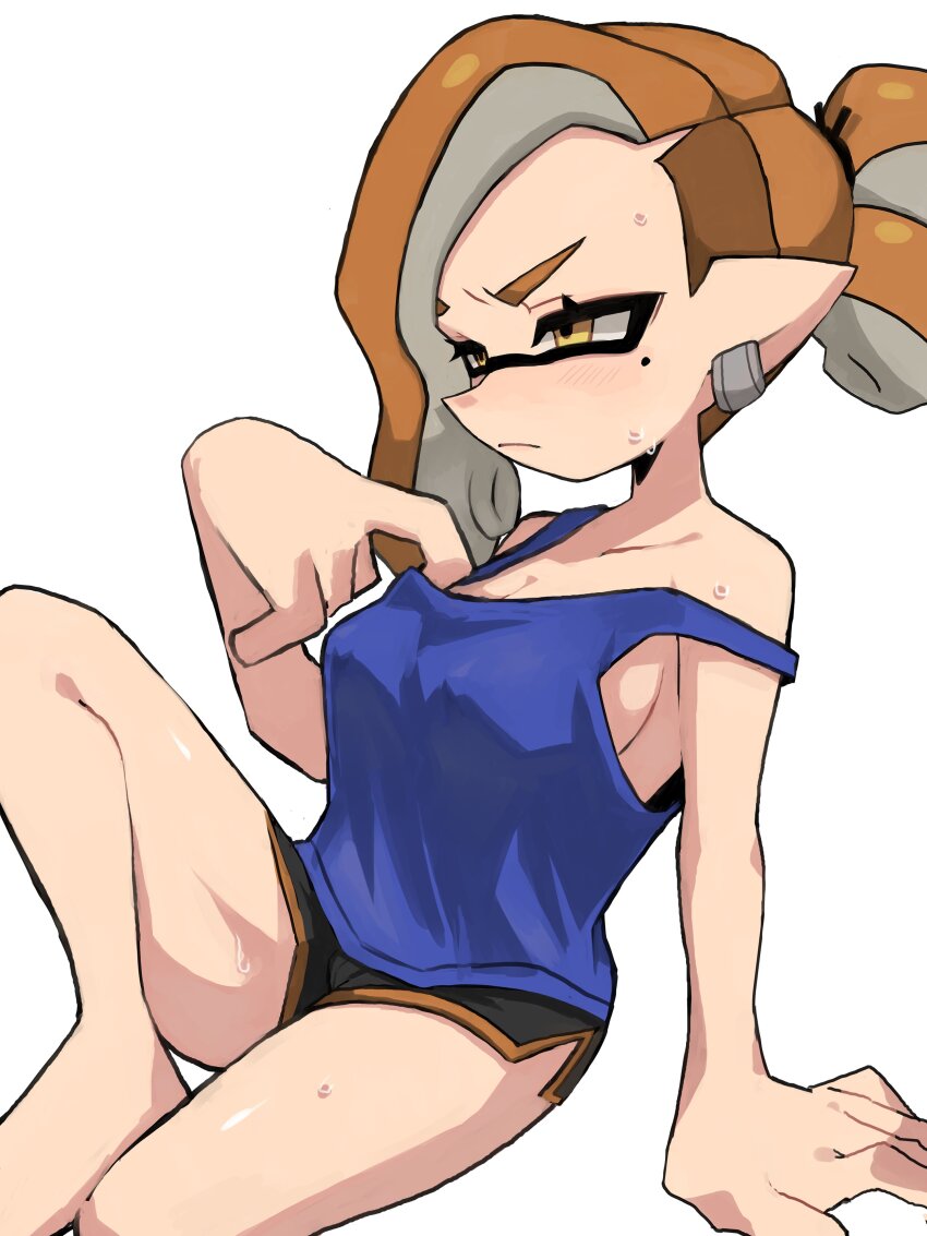 1girl absurdres bare_shoulders barefoot black_shorts blue_tank_top blush breasts cleavage closed_mouth commentary_request ear_piercing highres ikachan_pochan inkling_girl inkling_player_character large_breasts mole mole_under_eye nintendo off_shoulder orange_hair piercing pointy_ears ponytail short_shorts shorts sideboob simple_background sitting solo splatoon_(series) sweat tank_top tentacle_hair white_background yellow_eyes