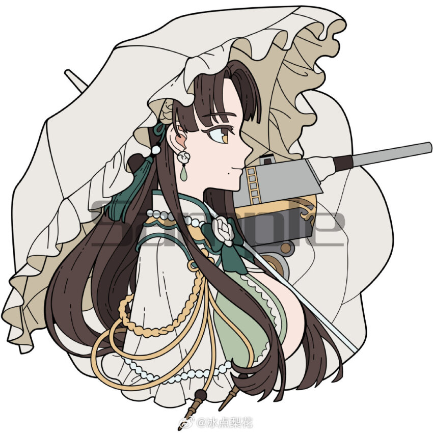 1913_(warship_girls_r) 1girl bingdian_lihua breasts brown_eyes brown_hair cropped_torso earrings from_side jewelry large_breasts long_hair mole mole_under_mouth parted_bangs profile ship_turret simple_background solo tassel umbrella upper_body warship_girls_r weibo_logo weibo_watermark white_background yellow_eyes