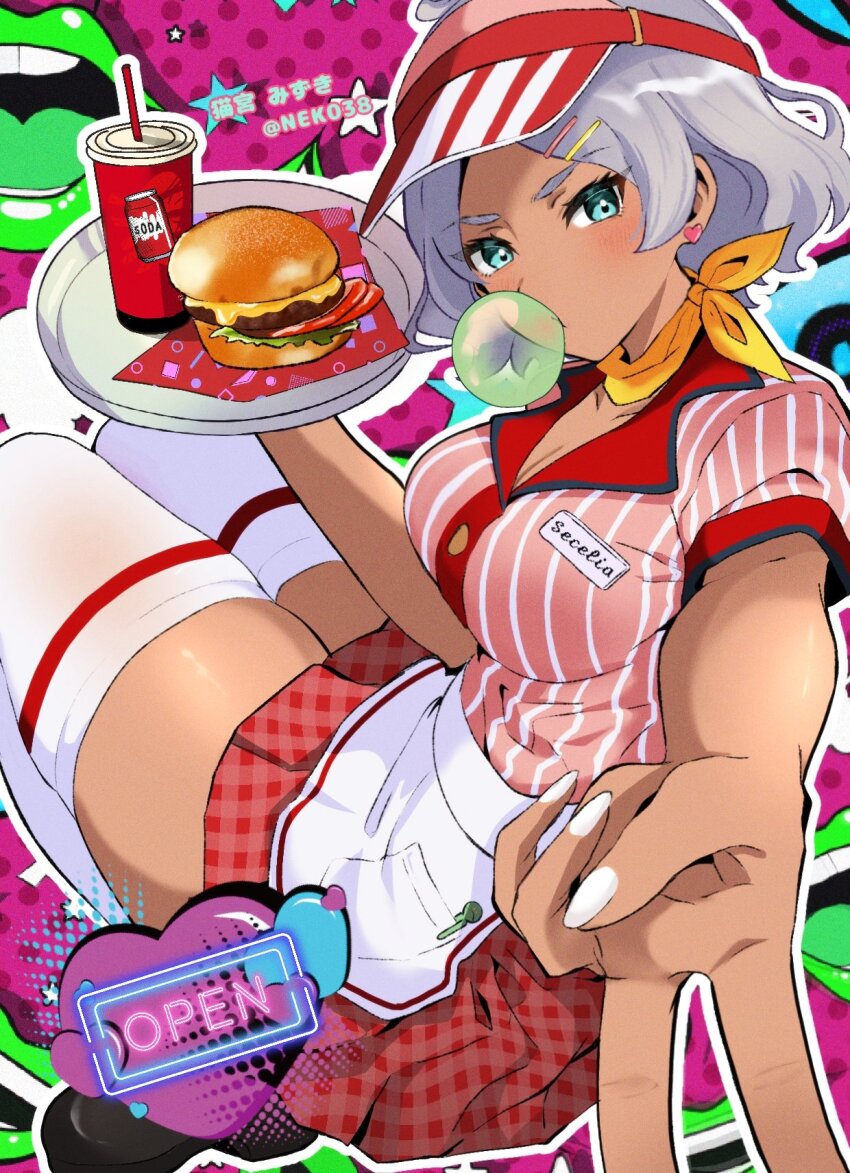 1girl apron armor blowing_bubbles blue_eyes breasts burger chewing_gum cleavage cup dark-skinned_female dark_skin diner disposable_cup english_text food gundam gundam_suisei_no_majo hair_ornament hairclip hat highres japanese_armor lips mizuno374 name_tag necktie open_sign secelia_dote shoulder_armor sign signature skirt soda thick_thighs thighhighs thighs tray uniform v white_hair