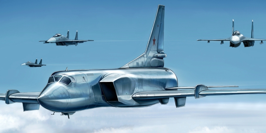 aircraft airplane bomber cloud fighter_jet flying highres jet kcme military military_vehicle no_humans original sky soviet soviet_air_force su-30 tu-22m