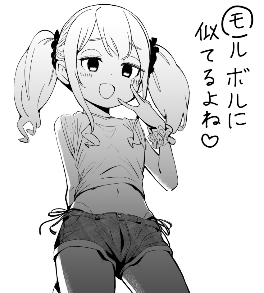 1girl commentary_request crop_top flat_chest from_below greyscale highres looking_at_viewer medium_hair mesugaki monochrome navel nikumaru open_mouth original panties panty_straps scrunchie short_shorts shorts side-tie_panties sidelocks smile smug solo translation_request twintails underwear wrist_scrunchie