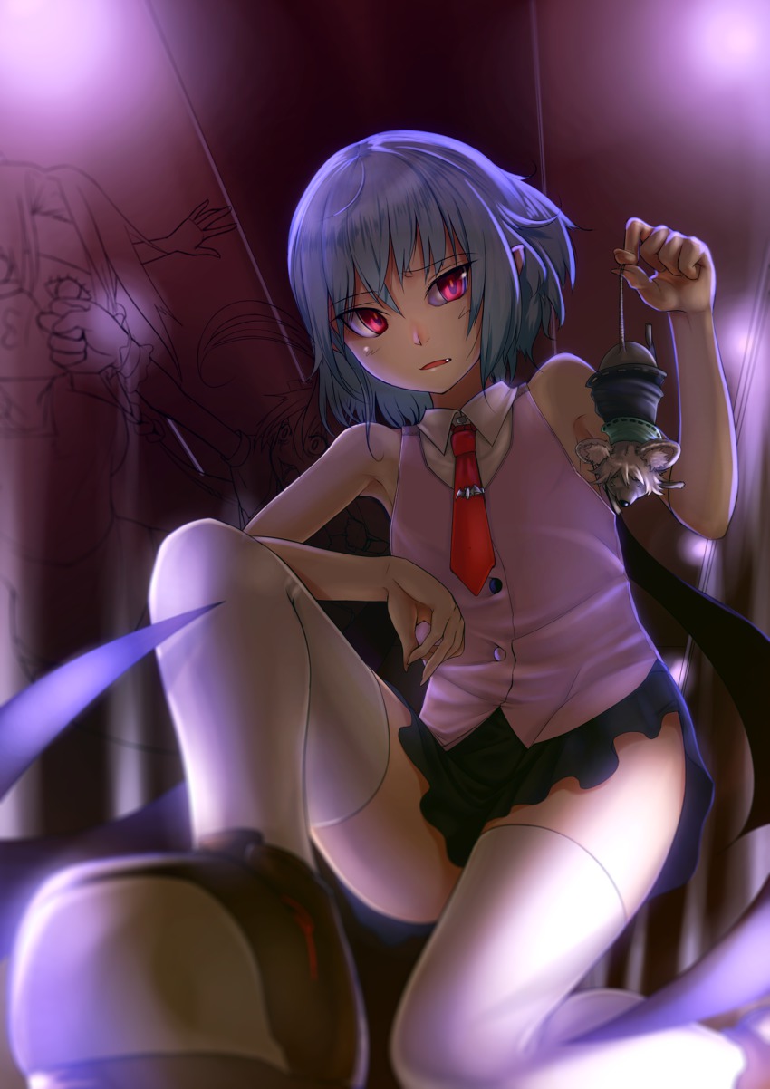 1girl bat_wings blue_hair fang female_focus highres kneeling mossari_poteto mouse_(animal) nazrin nazrin_(mouse) necktie no_headwear open_mouth perspective red_eyes remilia_scarlet short_hair skirt sleeveless solo thighhighs touhou white_thighhighs wings