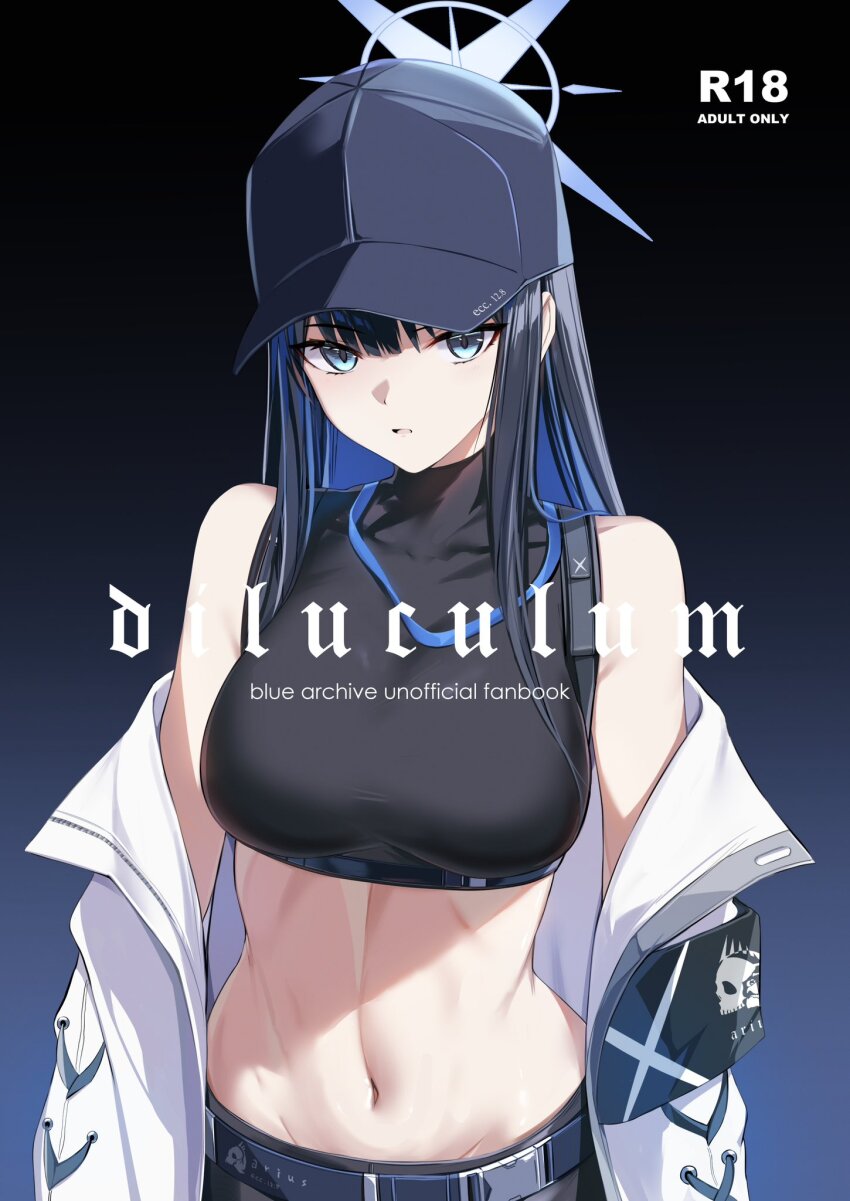 1girl bare_shoulders baseball_cap bee_doushi black_background black_shirt blue_archive blue_background blue_eyes blue_hair blue_hat coat commentary_request crop_top gradient_background hat highres long_hair looking_at_viewer midriff navel open_clothes open_coat parted_lips saori_(blue_archive) shirt sleeveless sleeveless_shirt solo stomach upper_body white_coat