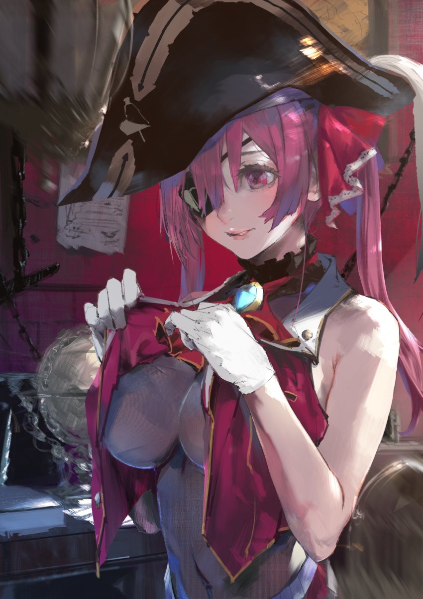 1girl blouse breasts eyepatch gloves hat highres hololive houshou_marine kiriyama large_breasts leotard leotard_under_clothes navel no_bra open_clothes open_shirt pirate_hat red_eyes red_hair see-through_clothes see-through_leotard solo twintails undressing upper_body virtual_youtuber white_gloves