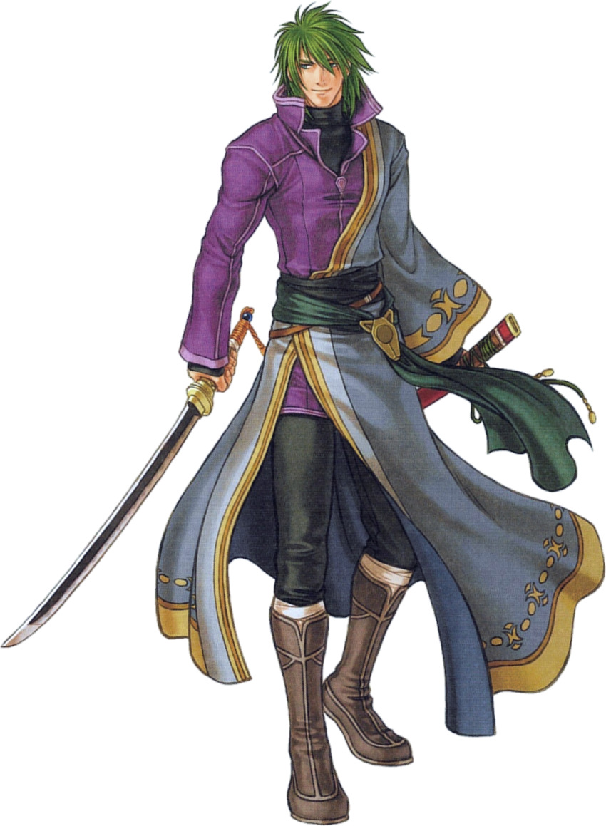 1boy arm_out_of_sleeve black_pants boots coat fire_emblem fire_emblem:_radiant_dawn full_body green_eyes green_hair highres holding holding_sheath holding_sword holding_weapon jacket kita_senri male_focus nintendo official_art pants purple_jacket sheath solo stefan_(fire_emblem) sword swordman third-party_source transparent_background unsheathed weapon