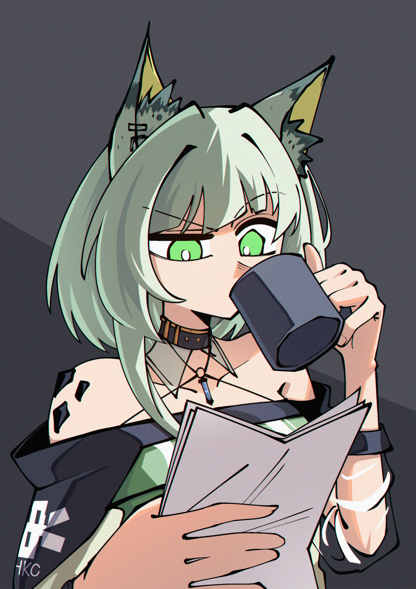 1girl absurdres animal_ear_fluff animal_ears arknights breasts cat_ears cat_girl choker coffee_mug collar cup detached_collar dress dryegen green_dress green_eyes green_hair highres holding holding_cup kal&#039;tsit_(arknights) long_sleeves material_growth medium_breasts medium_hair mug off-shoulder_dress off-shoulder_jacket off_shoulder oripathy_lesion_(arknights) paper reading see-through see-through_sleeves simple_background solo upper_body