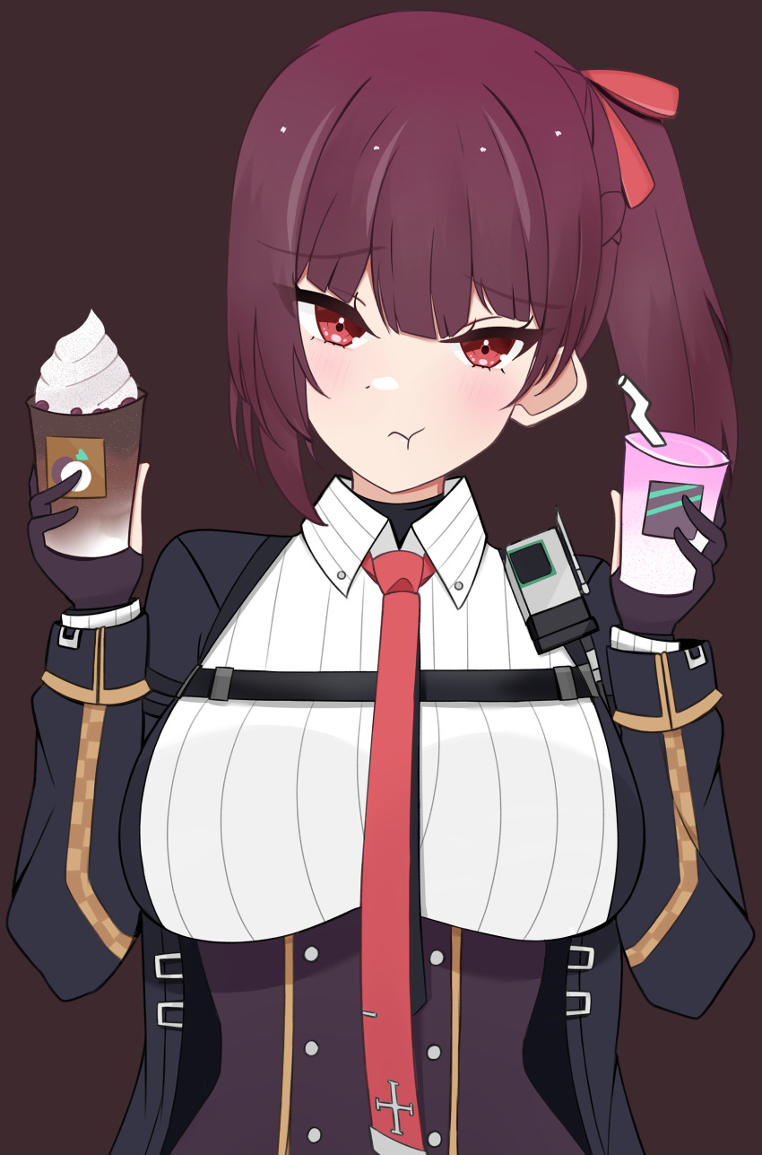 black_jacket blush breasts closed_mouth collared_shirt esttea fingerless_gloves girls&#039;_frontline girls&#039;_frontline_2:_exilium gloves hair_ribbon jacket long_hair looking_at_viewer makiatto_(girls&#039;_frontline_2) necktie ponytail pout purple_hair red_eyes red_necktie ribbon shirt wa2000_(girls&#039;_frontline)