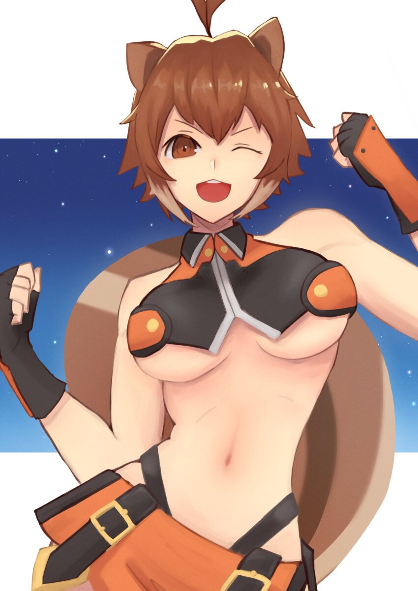 1girl animal_ears bare_shoulders blazblue breasts brown_eyes brown_hair crop_top fingerless_gloves gloves large_breasts lokvia looking_at_viewer makoto_nanaya microskirt one_eye_closed short_hair skirt sleeveless squirrel_ears squirrel_tail tail teeth underboob upper_teeth_only wink