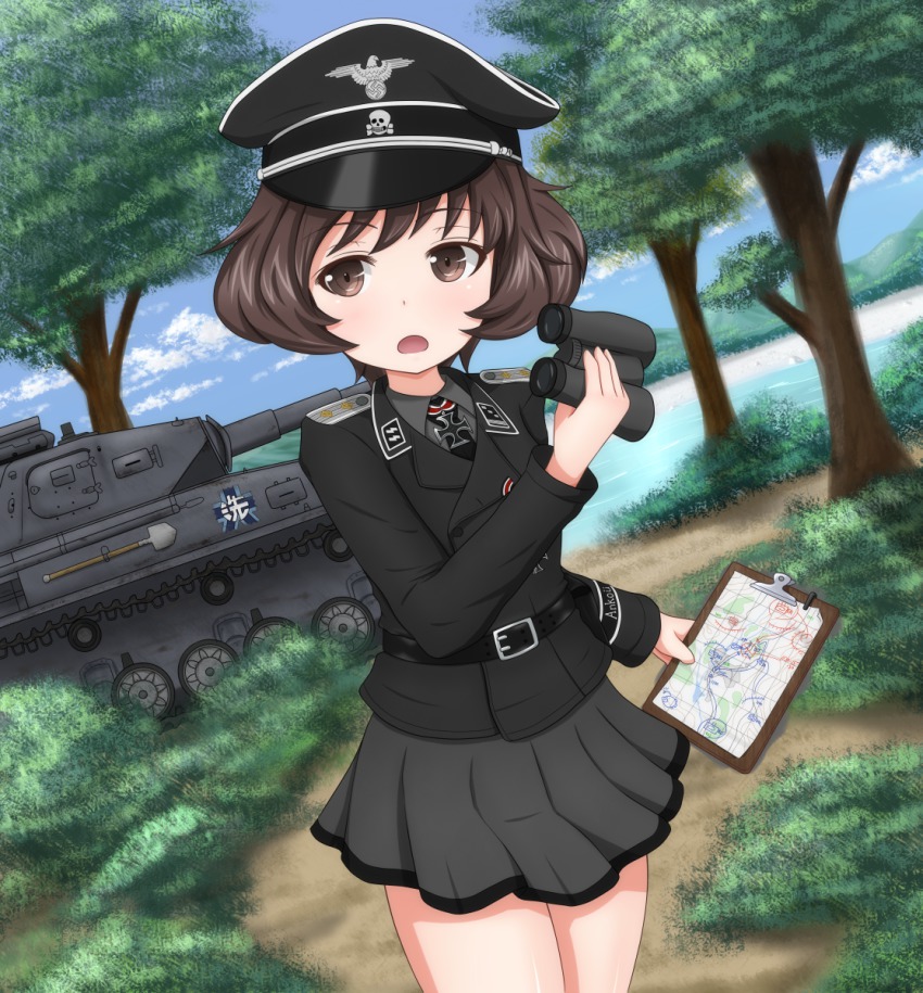 10s 1girl akiyama_yukari alternate_costume binoculars blush brown_eyes brown_hair caterpillar_tracks clipboard commentary_request cross dutch_angle female_focus forest girls_und_panzer hat highres iron_cross jacket kouson&#039;en messy_hair military military_uniform military_vehicle motor_vehicle nature nazi open_mouth panzer_iv peaked_cap reichsadler short_hair siegrunen skirt solo swastika tank totenkopf vehicle waffen-ss water