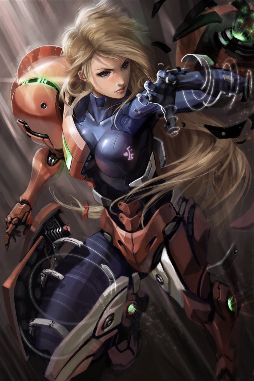 1girl armor assembling blonde_hair blue_eyes bodysuit breasts claw_pose highres jimbobox knees_up lips long_hair looking_to_the_side metroid nintendo samus_aran skin_tight varia_suit very_long_hair zero_suit