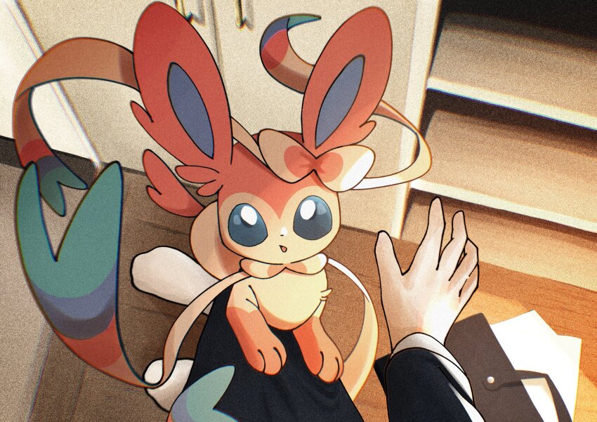 animal_ears blue_eyes bow cabinet creatures_(company) game_freak gen_6_pokemon highres indoors interior nintendo paper pokemon pokemon_(creature) pokemon_focus ribbon sato_(i_cant_do_it) socks standing sylveon tai