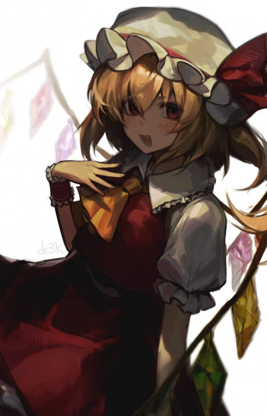 1girl ascot blonde_hair crystal dot_nose drek2xme embodiment_of_scarlet_devil fang flandre_scarlet frilled_wrist_cuffs frills hat hat_ribbon highres looking_at_viewer medium_hair mob_cap multicolored_wings one_side_up open_mouth puffy_short_sleeves puffy_sleeves red_eyes red_ribbon red_shirt red_skirt red_wrist_cuffs ribbon shirt short_sleeves skirt smile solo touhou white_background white_hat white_sleeves wings wrist_cuffs yellow_ascot