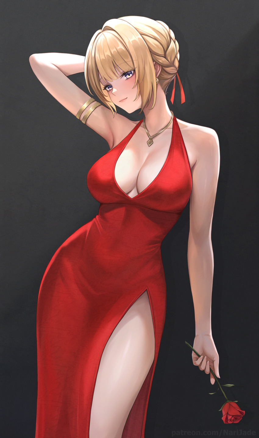 1girl alternate_costume arm_behind_head armlet bare_shoulders blonde_hair breasts closed_mouth collarbone commentary dress earrings english_commentary evelyn_chevalier evening_gown flower hair_ribbon highres holding holding_flower jewelry large_breasts light_blush looking_at_viewer narijade necklace patreon_username purple_eyes red_dress red_flower red_ribbon red_rose ribbon rose short_hair side_slit sidelocks smile solo watermark web_address zenless_zone_zero