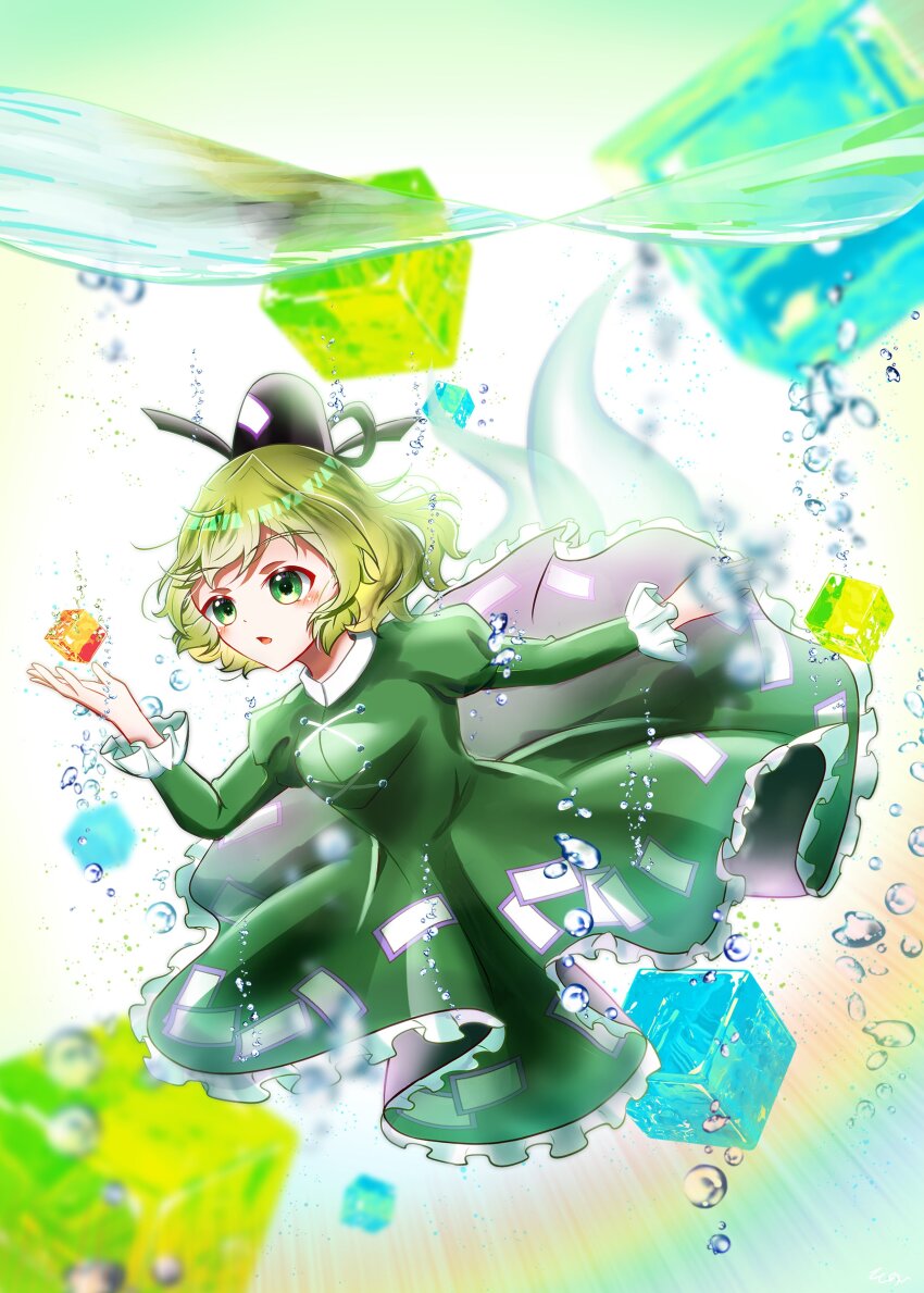 1girl absurdres black_hat bubble commentary_request dress frilled_dress frills full_body ghost_tail green_dress green_eyes green_hair hat highres juliet_sleeves long_sleeves looking_at_viewer ofuda ofuda_on_clothes open_mouth puffy_sleeves short_hair soga_no_tojiko solo tate_eboshi touhou underwater yuriri2001